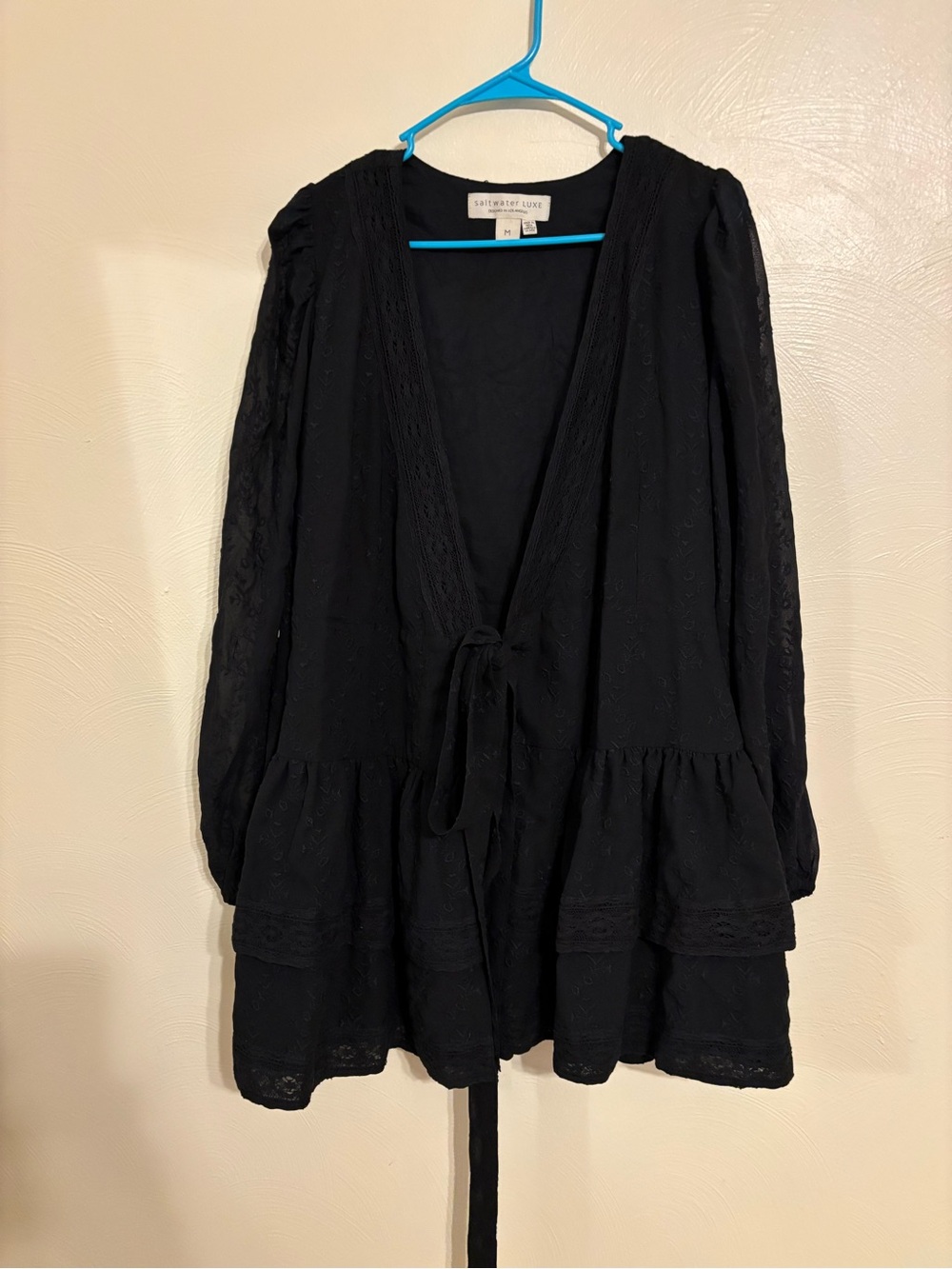 Saltwater Luxe Black Embroidered Lace Boho Mini Dress Size Medium